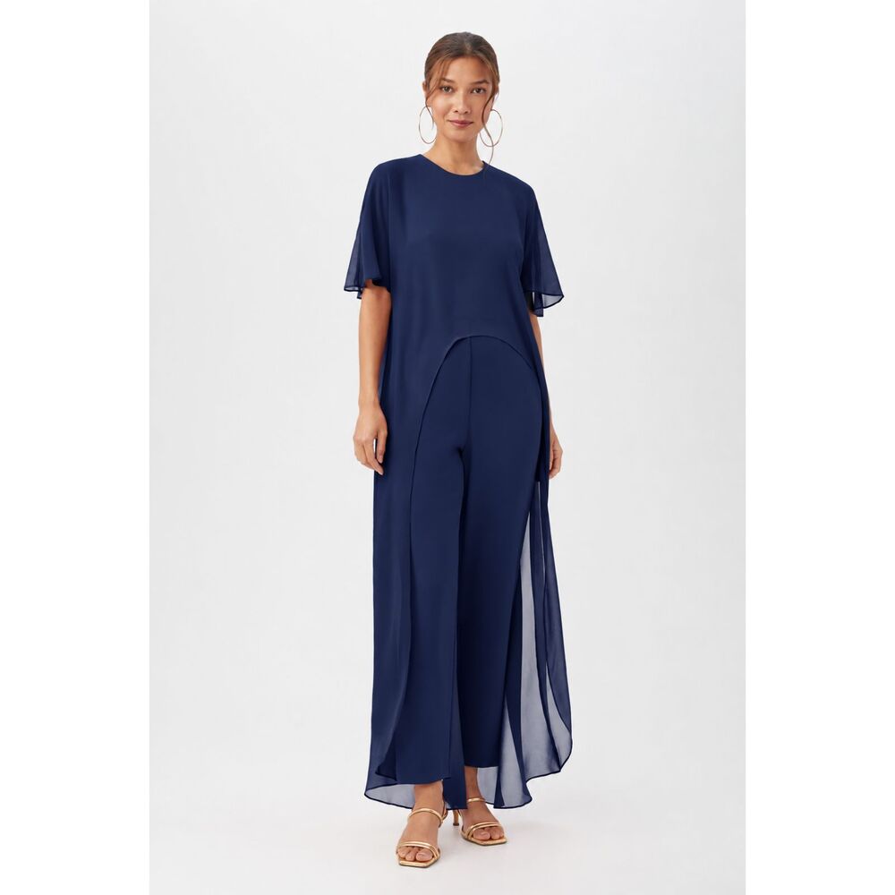 Trina Turk Capote Navy Chiffon Cape Overlay Wide Leg Jumpsuit Womens 2